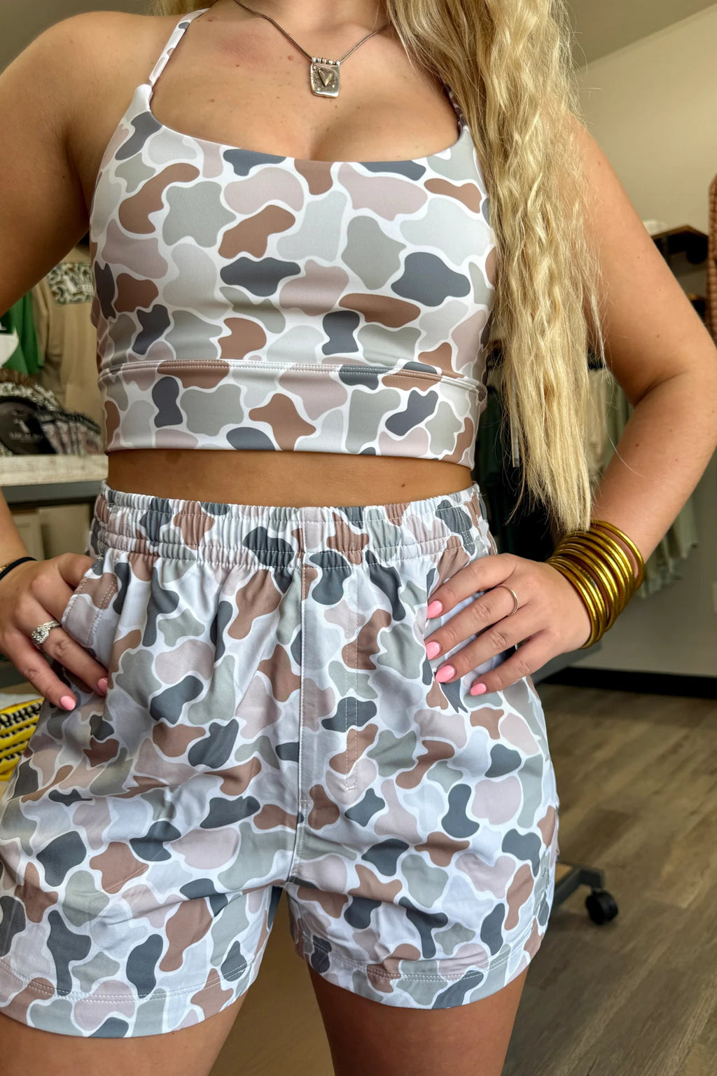 Camo Print Cropped Tank High-Rise Shorts Athleisure Set Green Multicolour S-XL