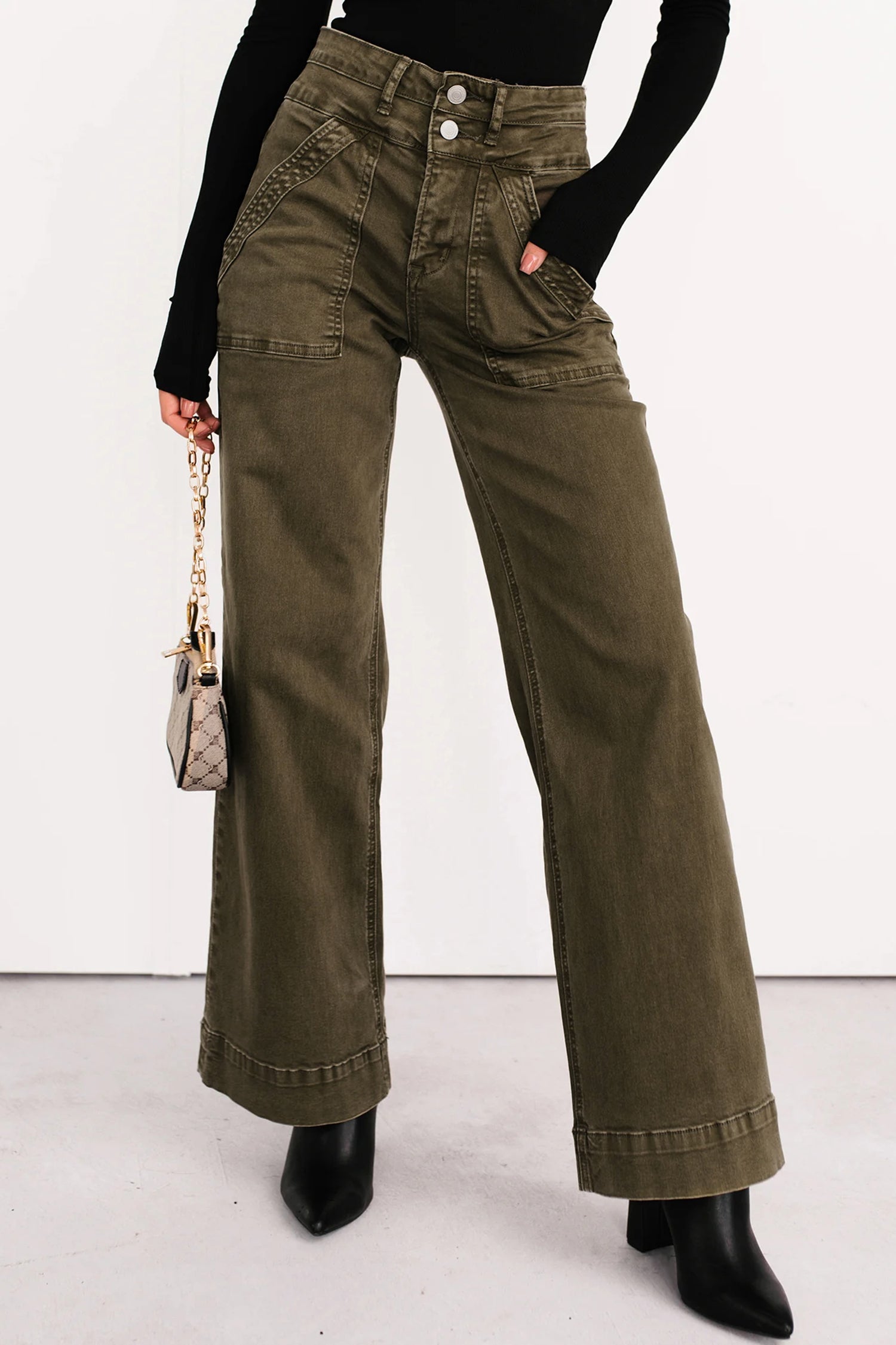 Women's Women's Loose Straight Jeans Double Waistband Jungle Green Sizes 4-16 at LivelyLooks