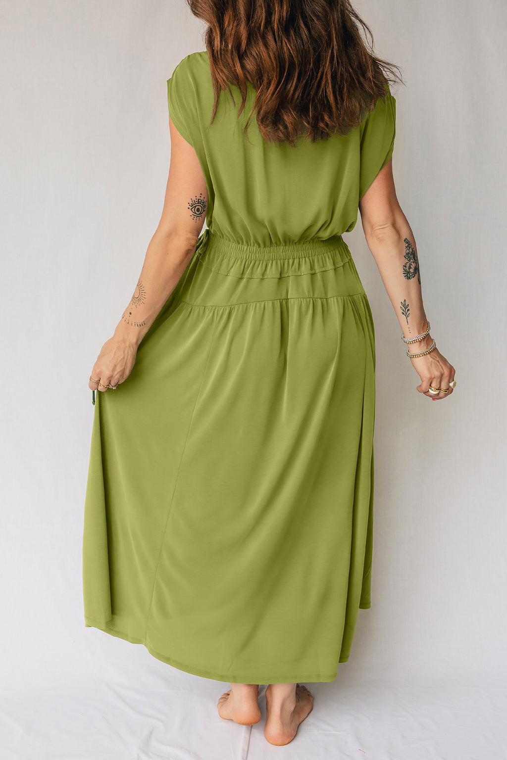 Fern Green V Neck Cap Sleeve Elastic Waist Tunic Maxi Dress S-XL