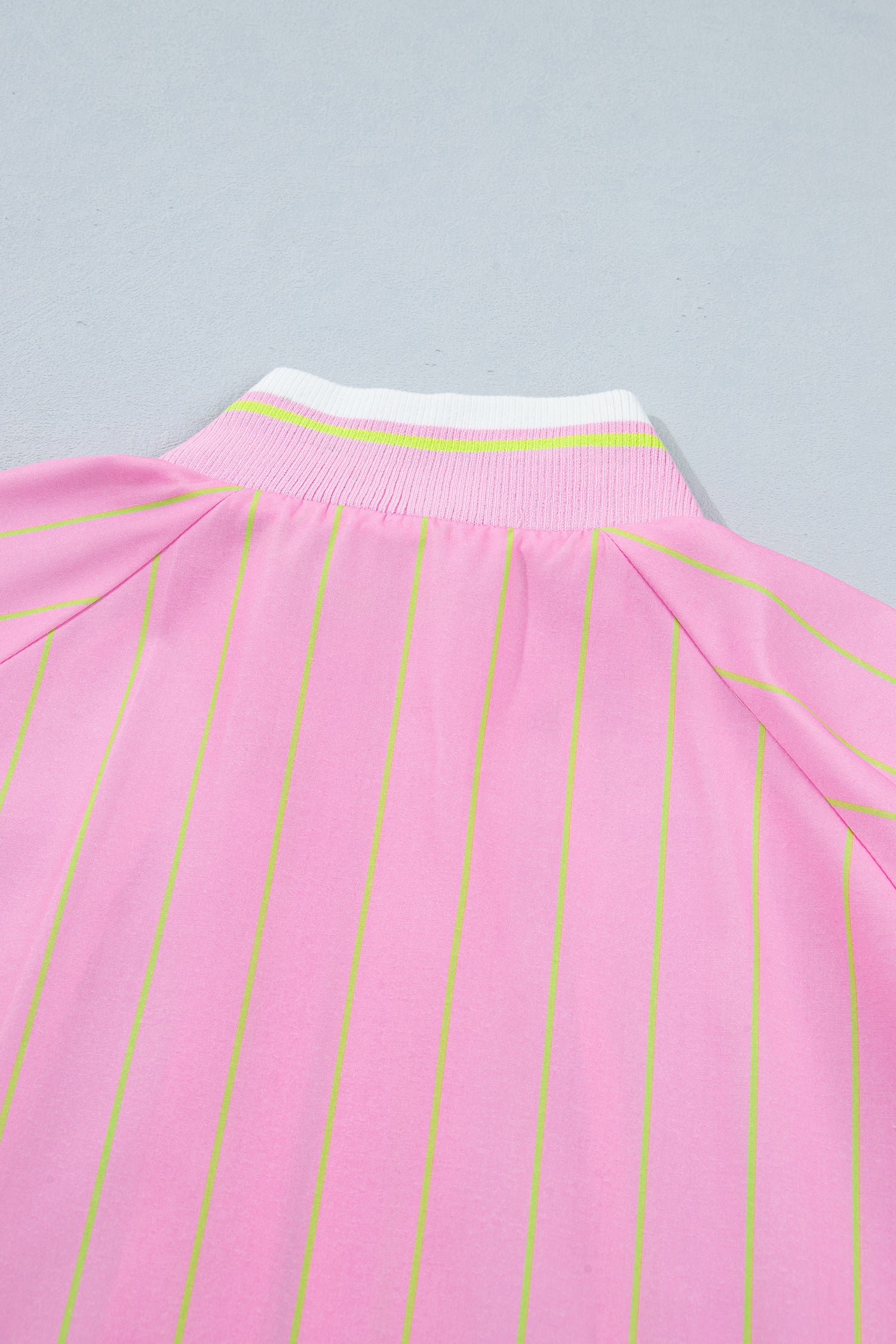 Pink Stripe V-Neck Half Sleeve Zip Ribbed Cuff Casual Blouse