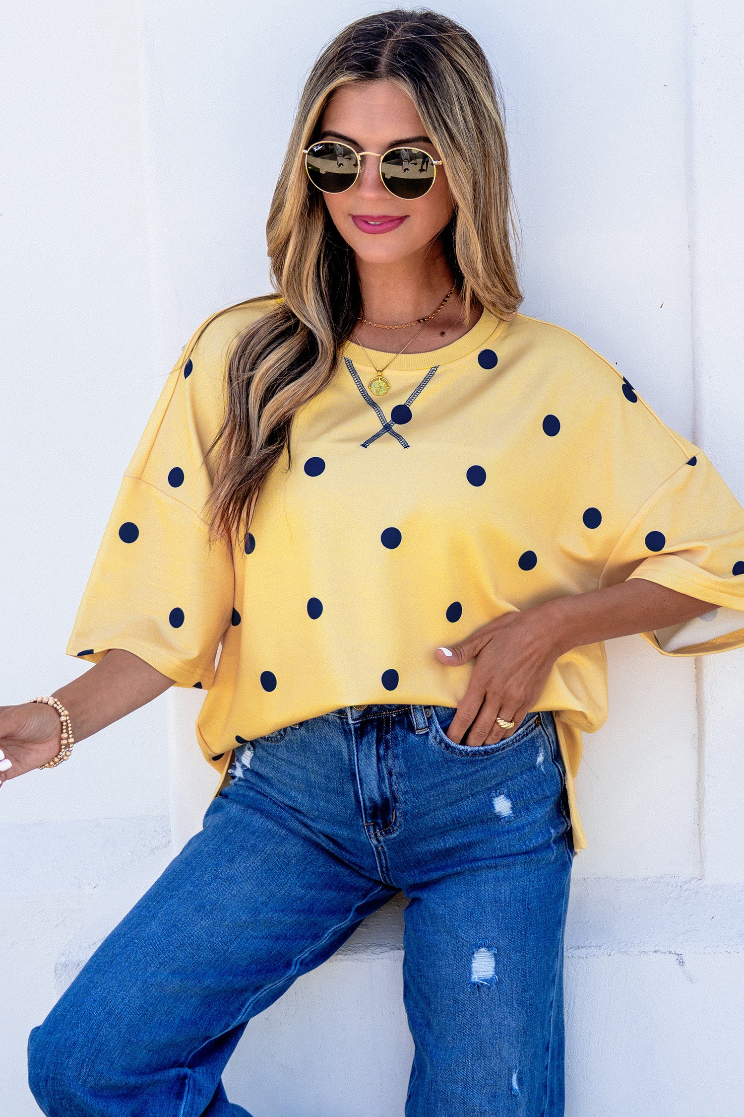 Women's Polka Dot Oversized Tee Crossed Seam Detail Yellow Sky Blue S-XL