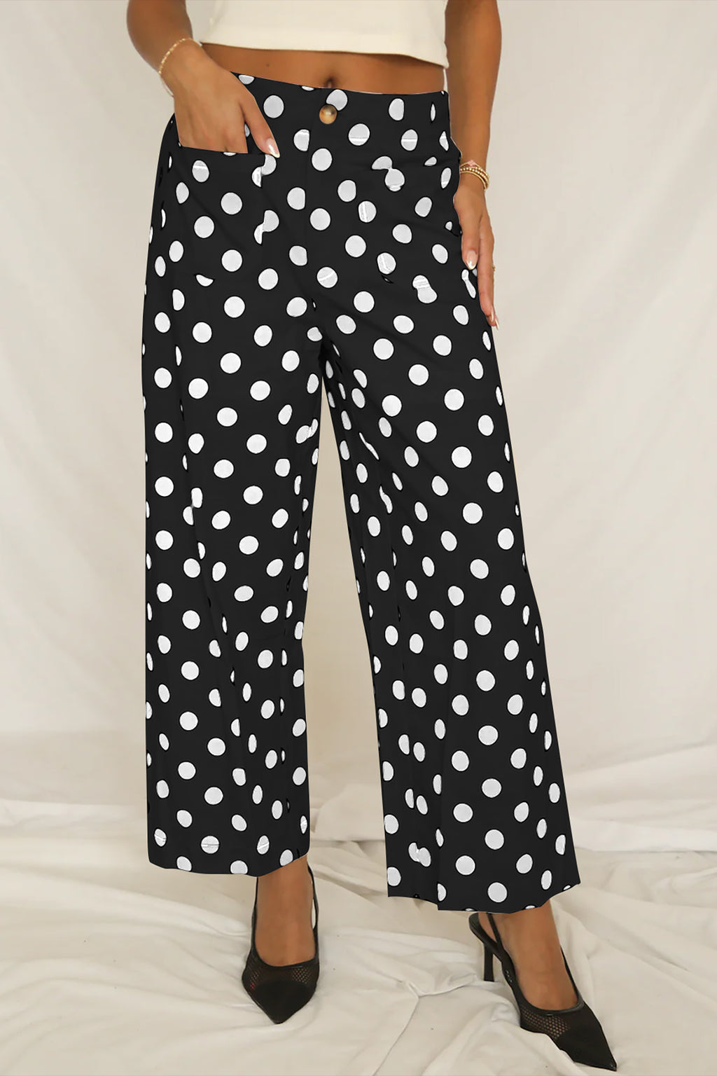 Shop Polka Dot Patched Pocket Mid-Rise Straight Leg Trousers S-XL at LivelyLooks