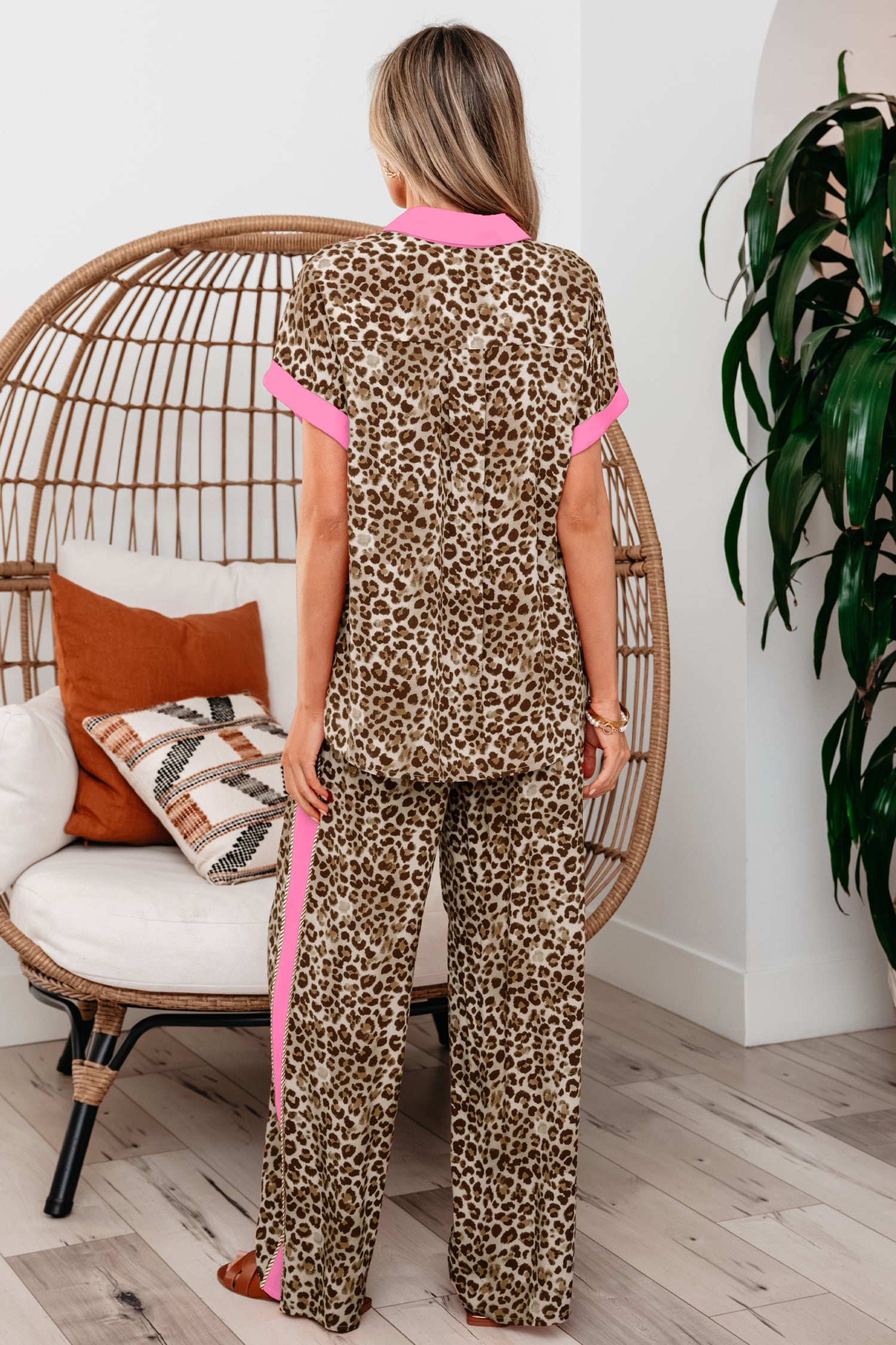 Brown Contrast Trim Leopard Top & Pant Set | UK 8–22