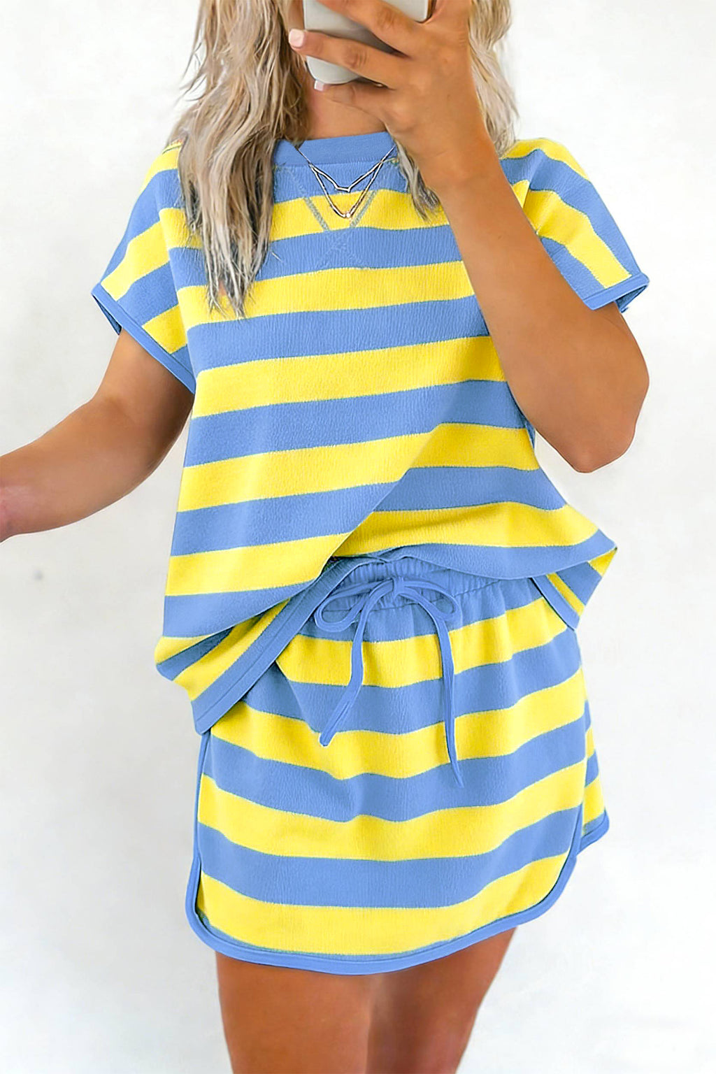 Striped Dolman Tee & Drawstring Skort Set – Pink, Rose & Yellow