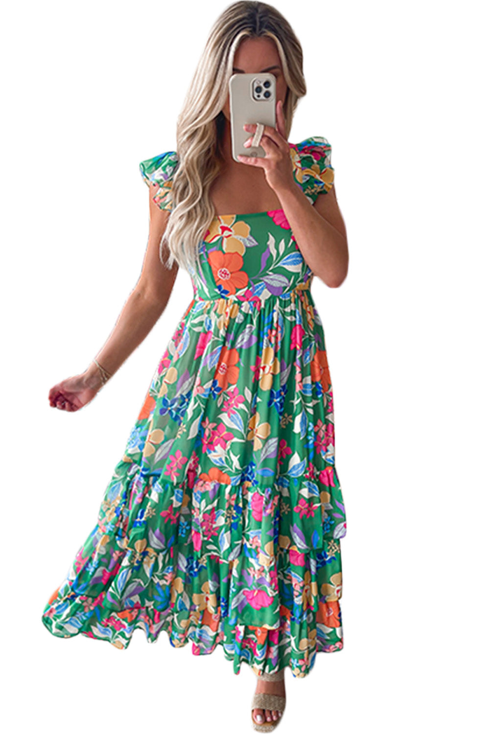 Women's Green Floral Print Sleeveless Ruffle Tiered Maxi Dress at LivelyLooks
