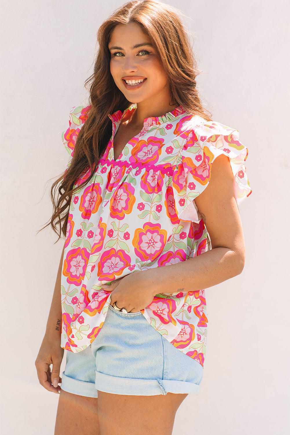 Shop Pink Floral Ruffled Sleeve Ric-rac Trim Split Neck Loose Blouse Summer Holiday Top at LivelyLooks