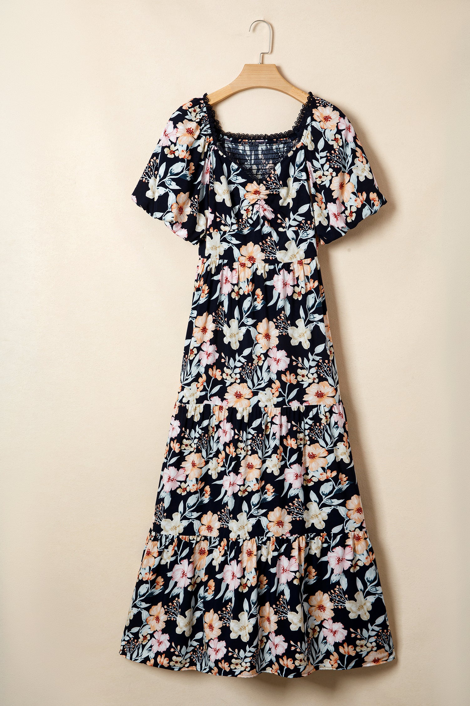 Women's Blue Floral Smocked High Waist Short Sleeve Maxi Dress at LivelyLooks