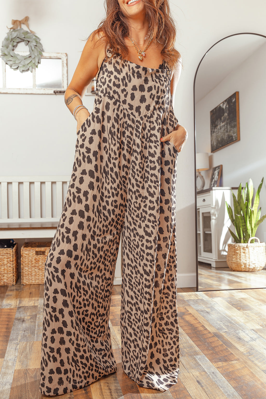 Leopard Print Square Neck Pleated Wide Leg Jumpsuit – Khaki