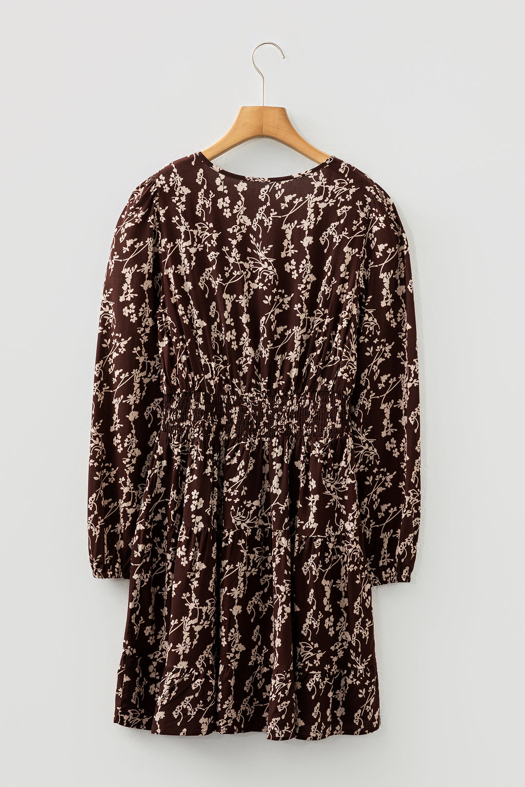 Brown Ditsy Floral Mini Dress Split Neck Long Sleeve Shirred Waist Flared Women S-XL