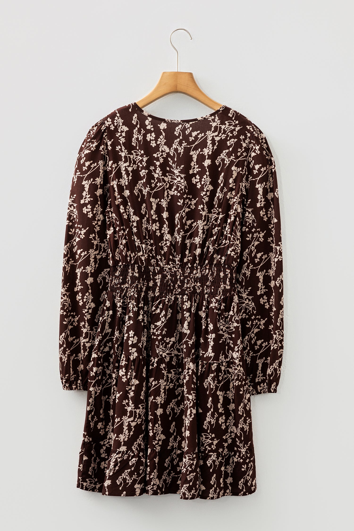 Brown Ditsy Floral Mini Dress Split Neck Long Sleeve Shirred Waist Flared Women S-XL