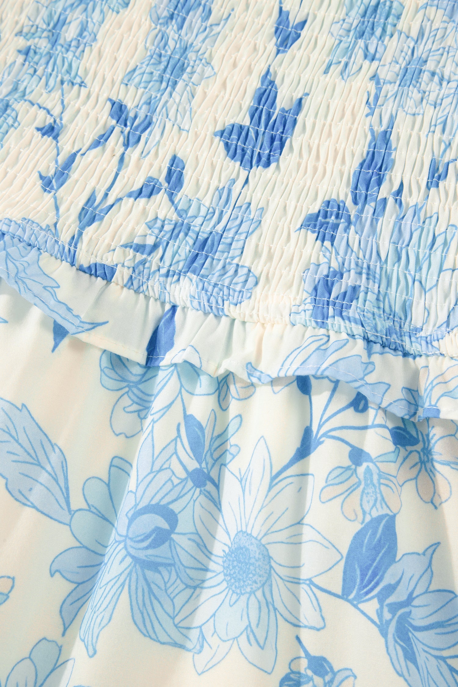 Sky Blue Floral Smocked Maxi Dress Ruffled Straps High Waist S-XL