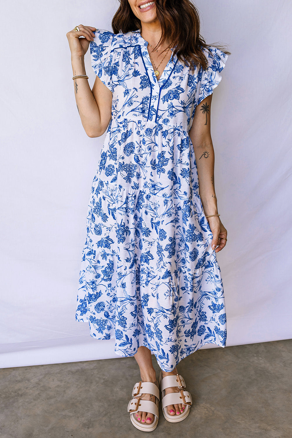 Women's Blue Ruffled Short Sleeve Tiered Floral Midi Dress at LivelyLooks