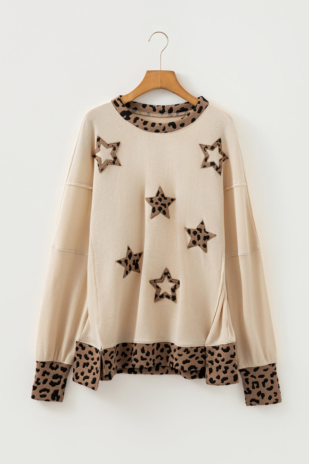 LivelyLooks Leopard Star Patchwork Baggy Sweatshirt Beige | Sizes S-XL women's fashion