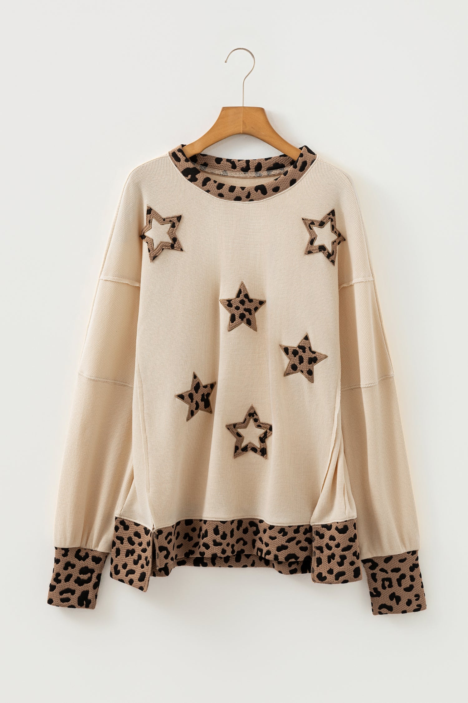 LivelyLooks Leopard Star Patchwork Baggy Sweatshirt Beige | Sizes S-XL women's fashion