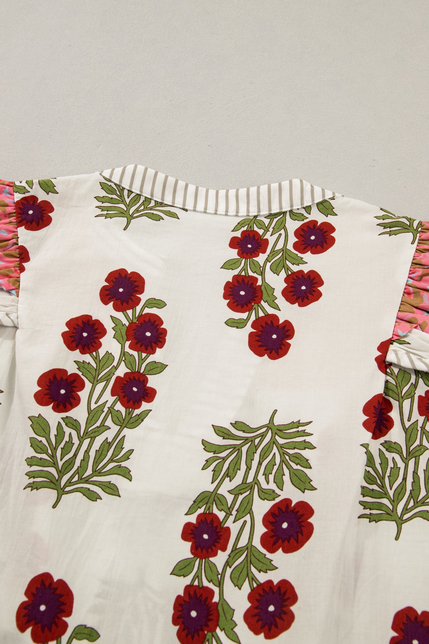 White Floral Print Flutter Blouse Contrast Striped Trim Cotton Women S-XL