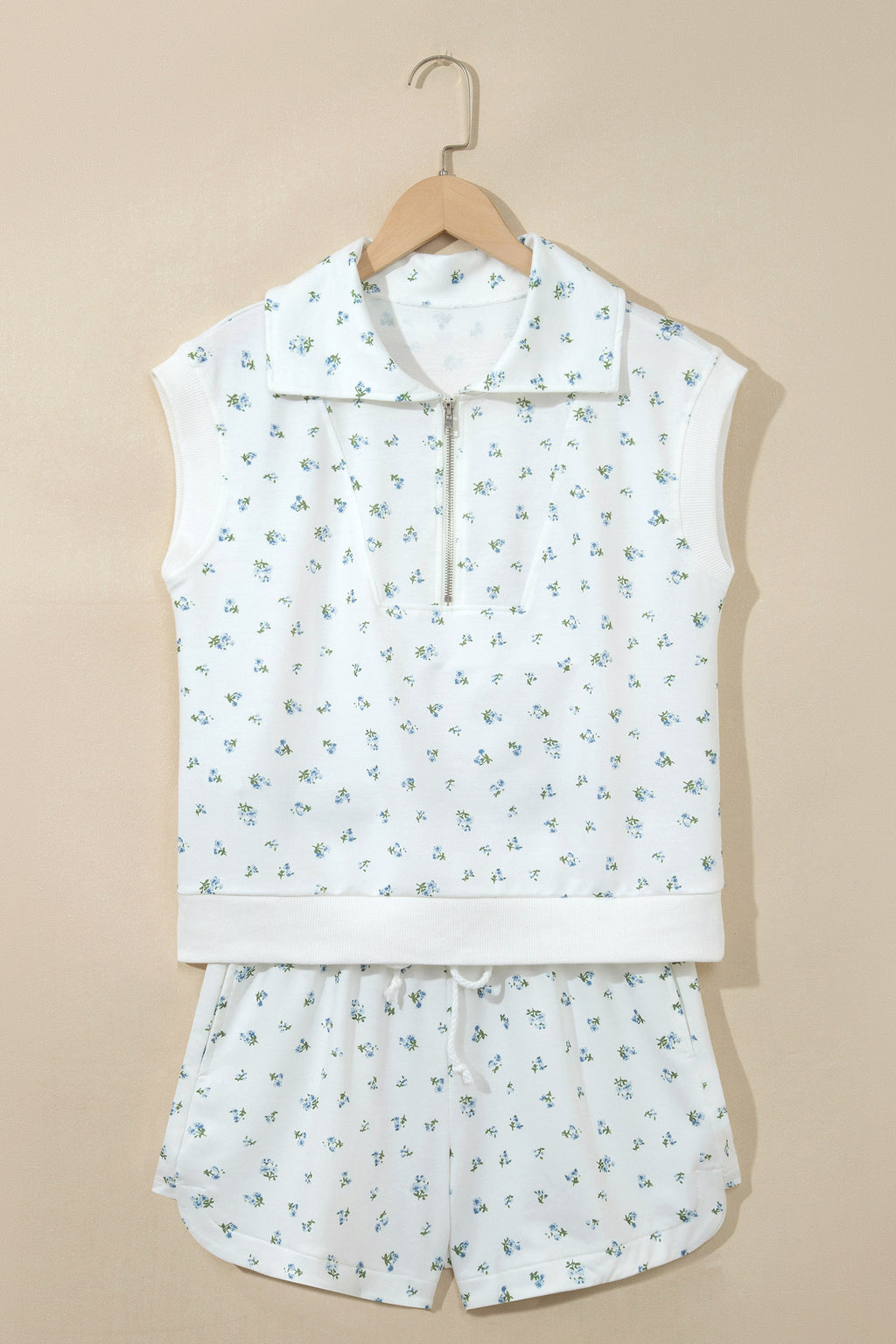 White Floral Print Half Zip Hoodie Top & Shorts Co-ord Set