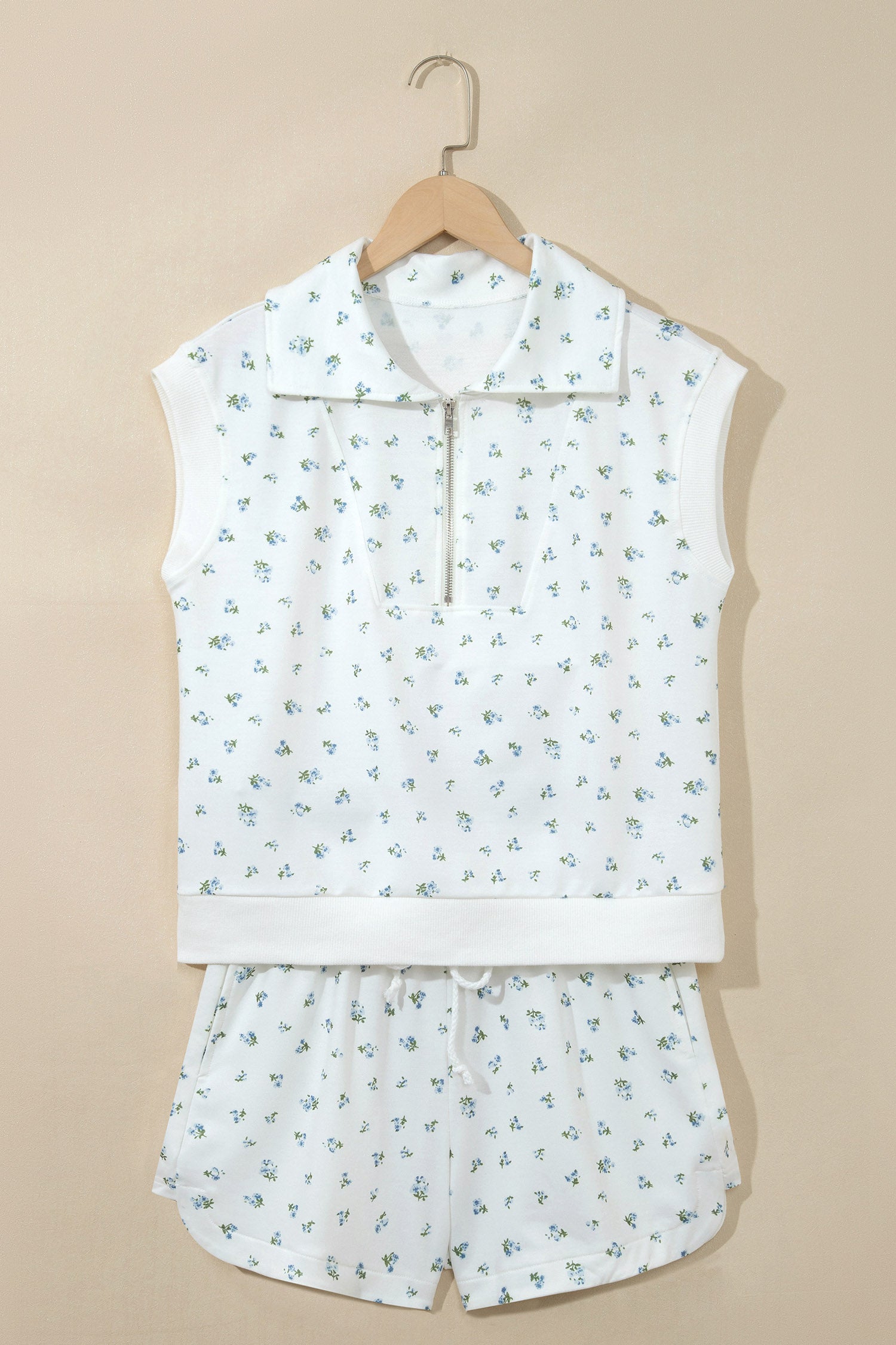 White Floral Print Half Zip Hoodie Top & Shorts Co-ord Set