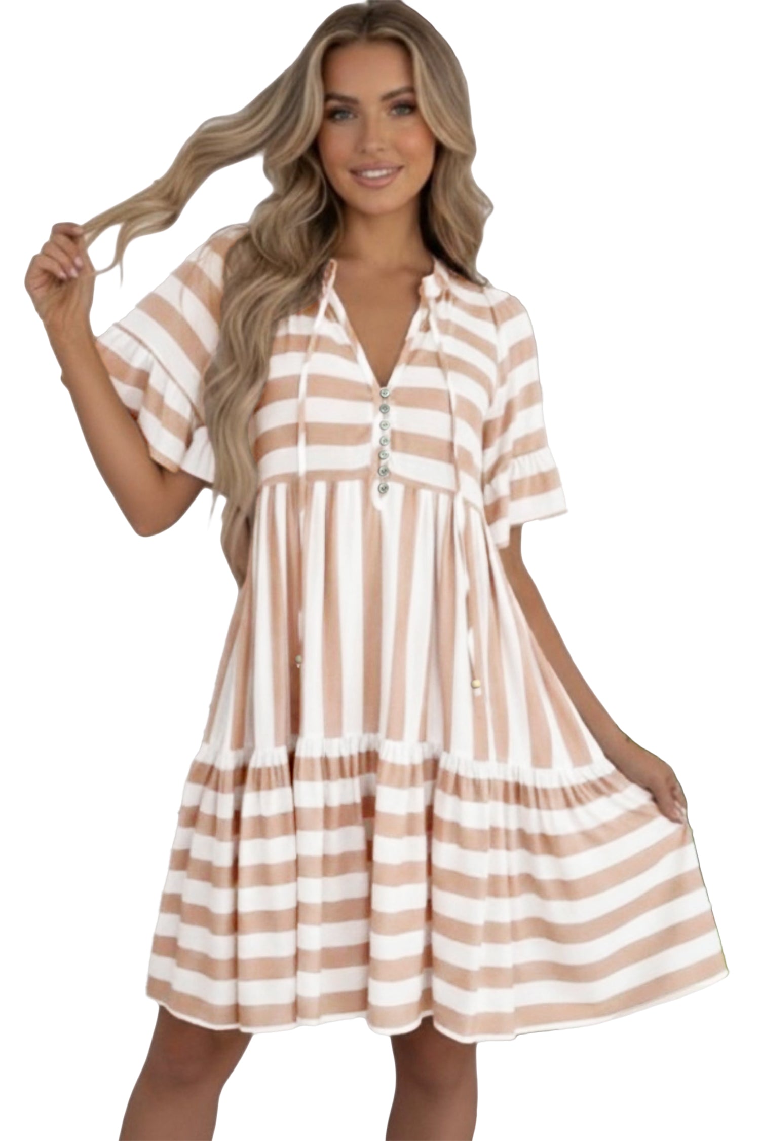 Women's Khaki Stripe Tie V-Neck Ruffle Sleeve Flared Summer Dress | Side Pockets at LivelyLooks