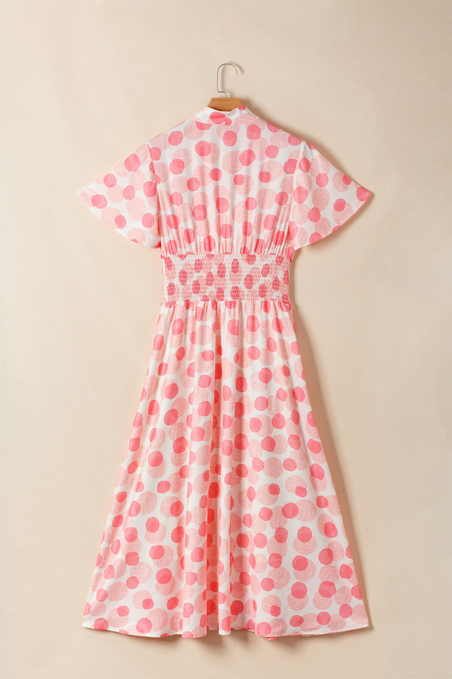 Women's Pink Polka Dot Ruffle Short Sleeve Zip-Up Maxi Dress at LivelyLooks