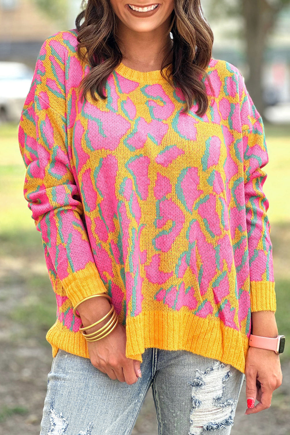 LivelyLooks Abstract Print Ribbed Trim Baggy Sweater Oversized Jumper Knitwear Casual Top women's fashion