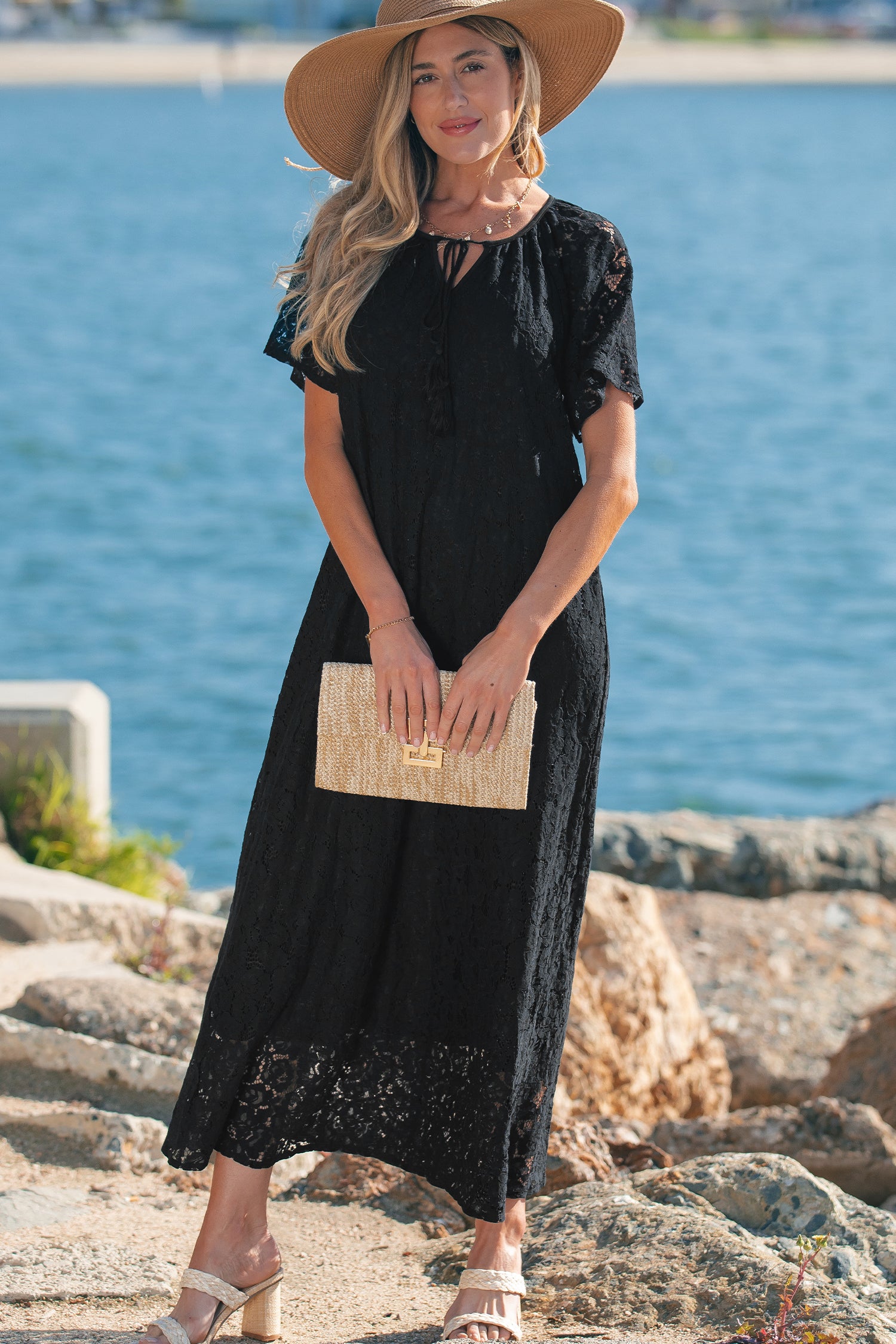 Black Floral Lace Overlay Tassel Tie Beach Vacation Maxi Dress S-XL