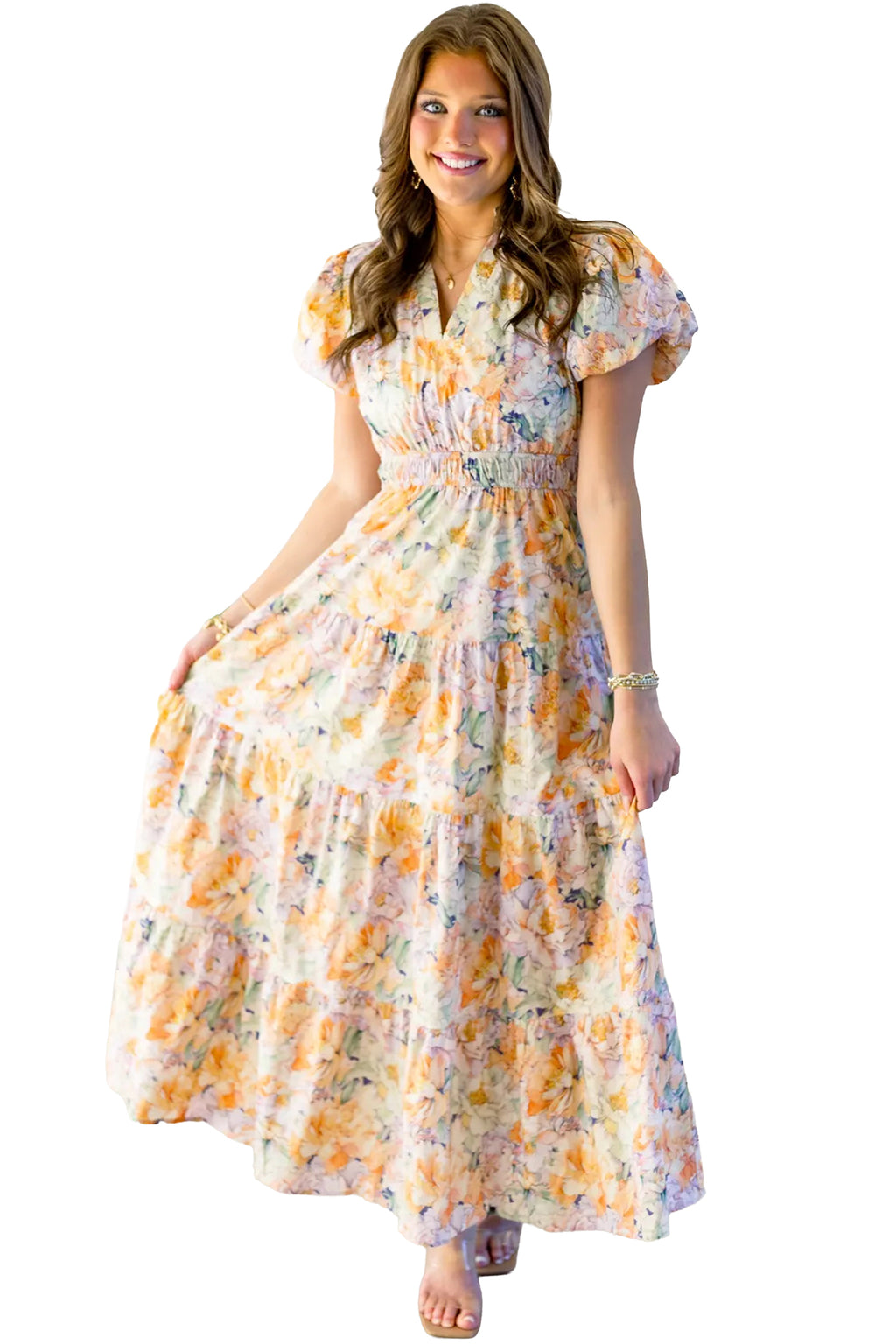 Shop Floral Bubble Sleeve V-Neck Flared Maxi Dress | Orange | S-XL at LivelyLooks