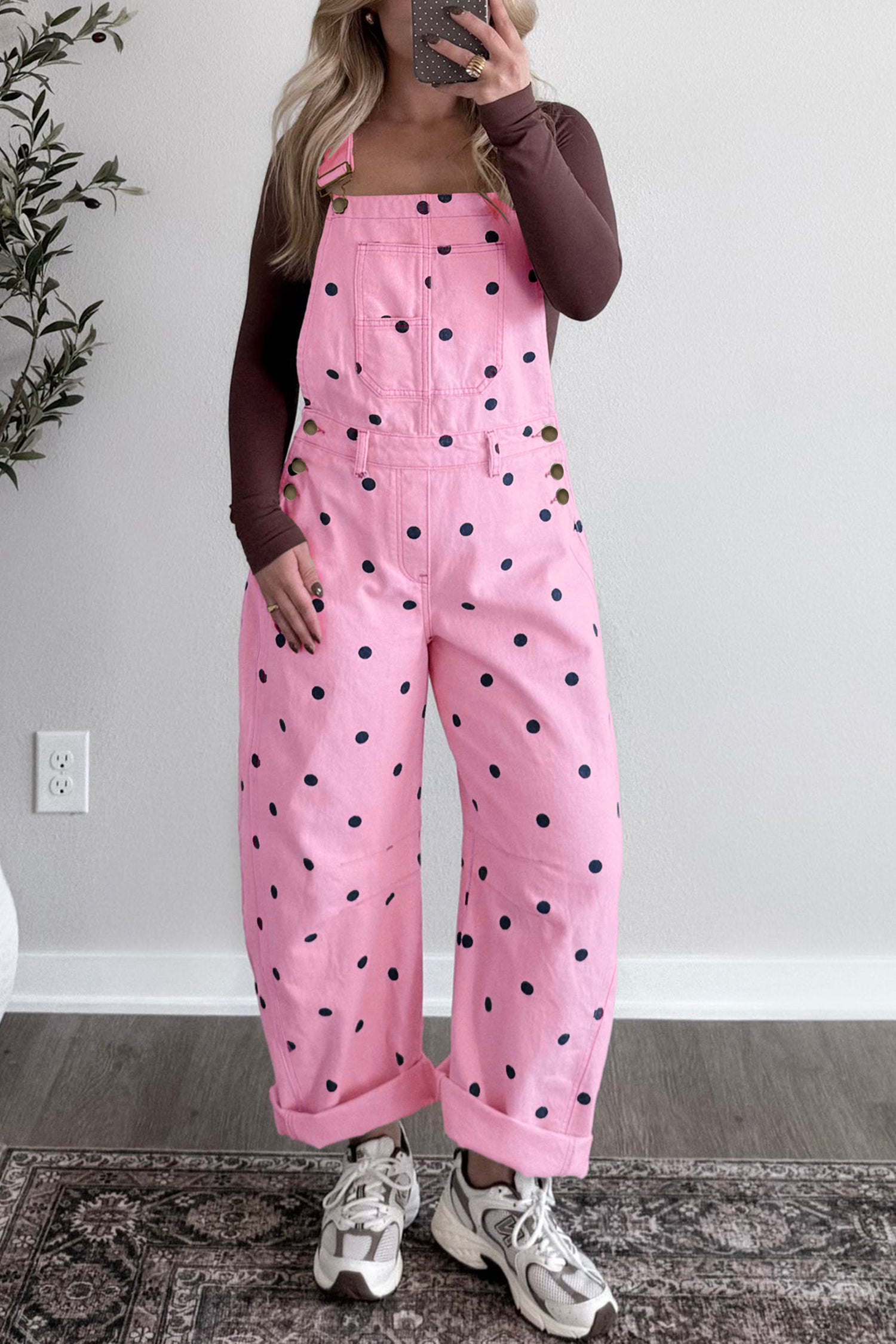 Polka Dot Denim Barrel Overalls Jumpsuit | Cream Beige Pink UK 8–22