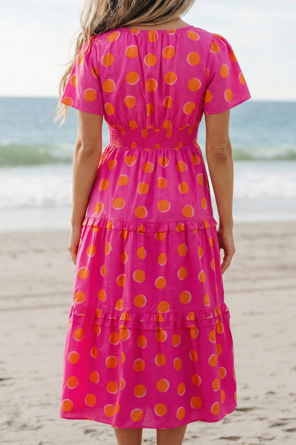 Rose Polka Dot Shirred High Waist Midi Dress | Short Sleeve Shadow Print