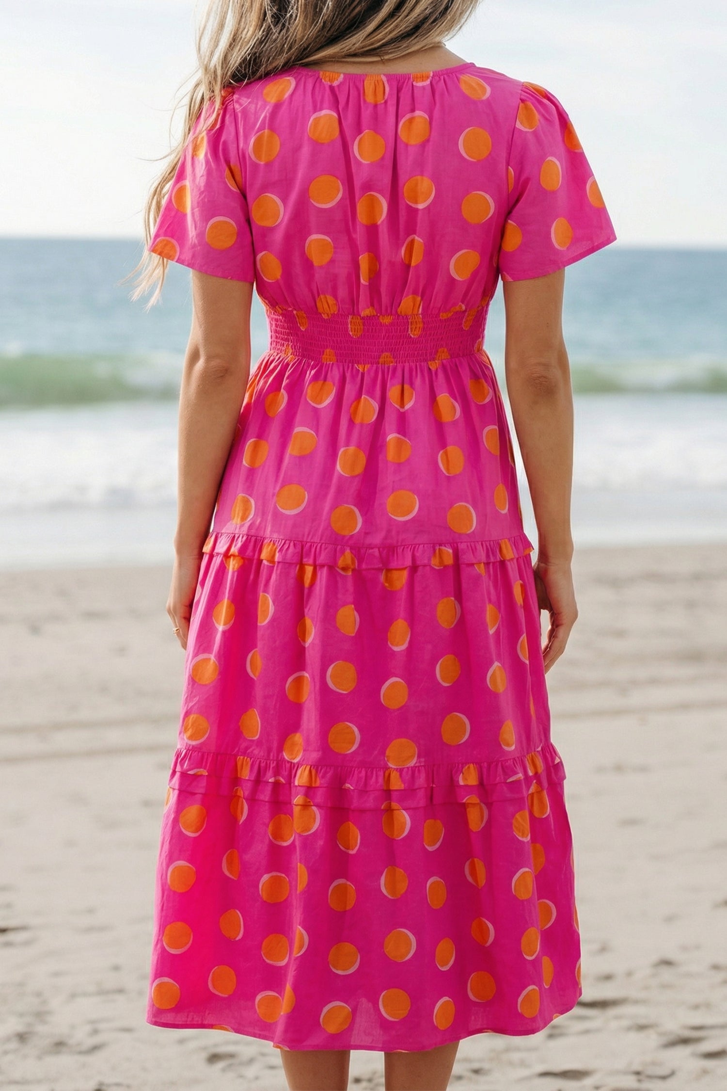Rose Polka Dot Shirred High Waist Midi Dress | Short Sleeve Shadow Print