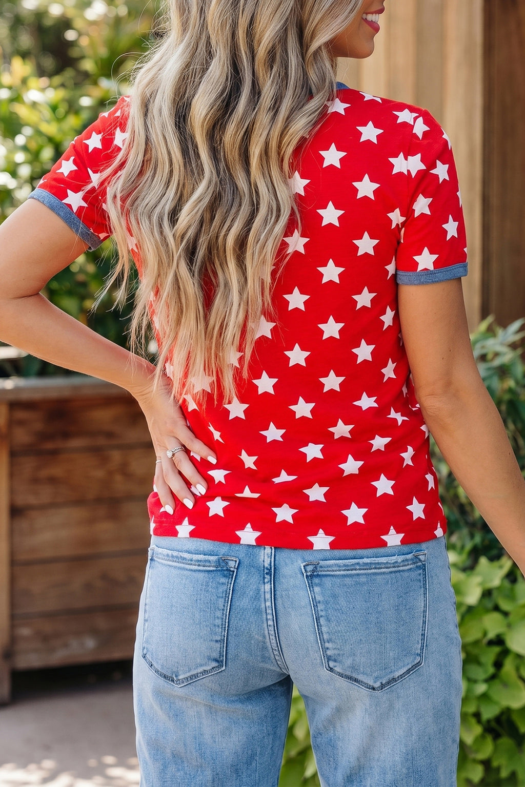 Red Stars Print Viscose Tunic Top Colour Block Binding Tape Collar Women S-XL