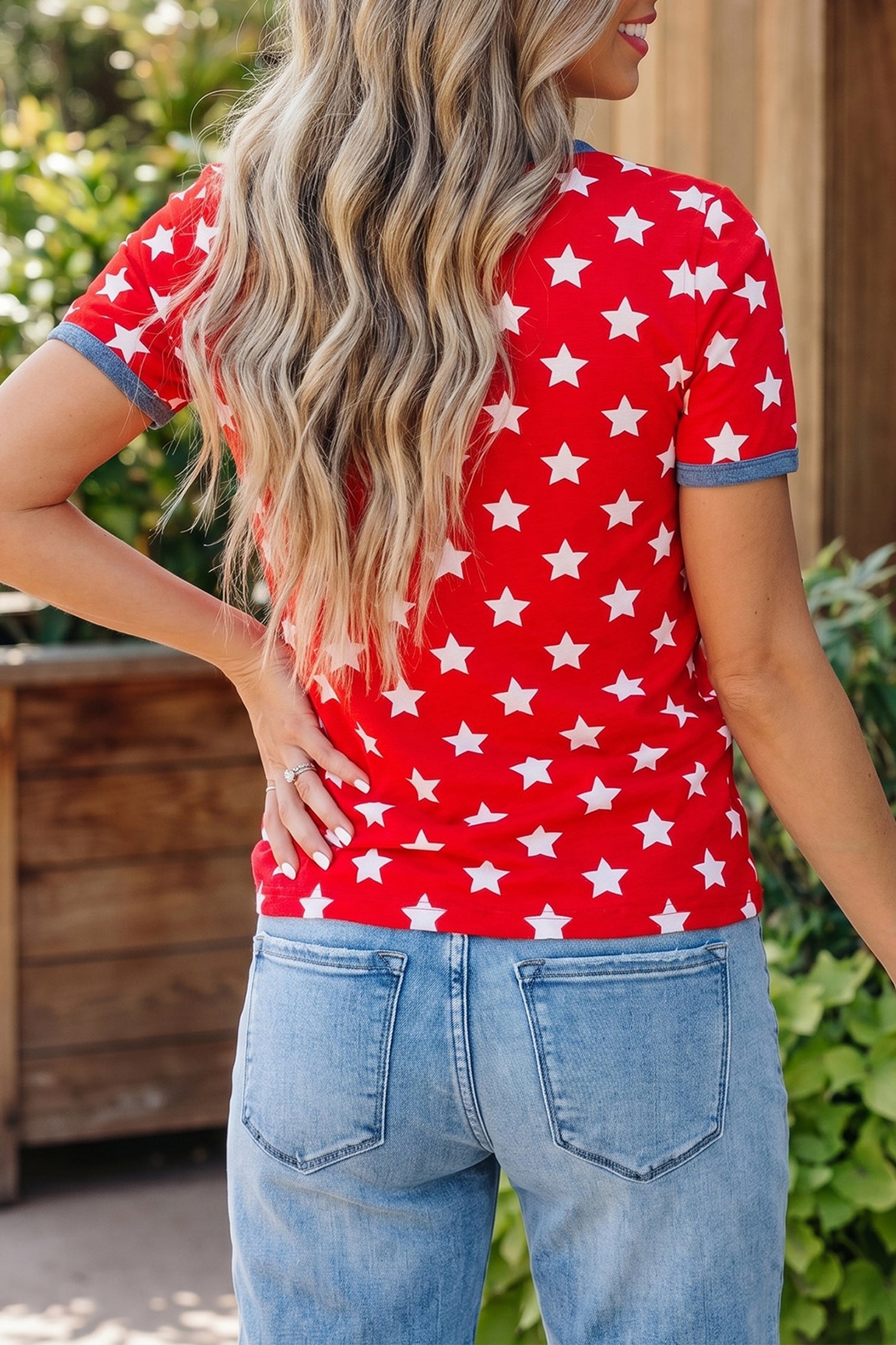 Red Stars Print Viscose Tunic Top Colour Block Binding Tape Collar Women S-XL