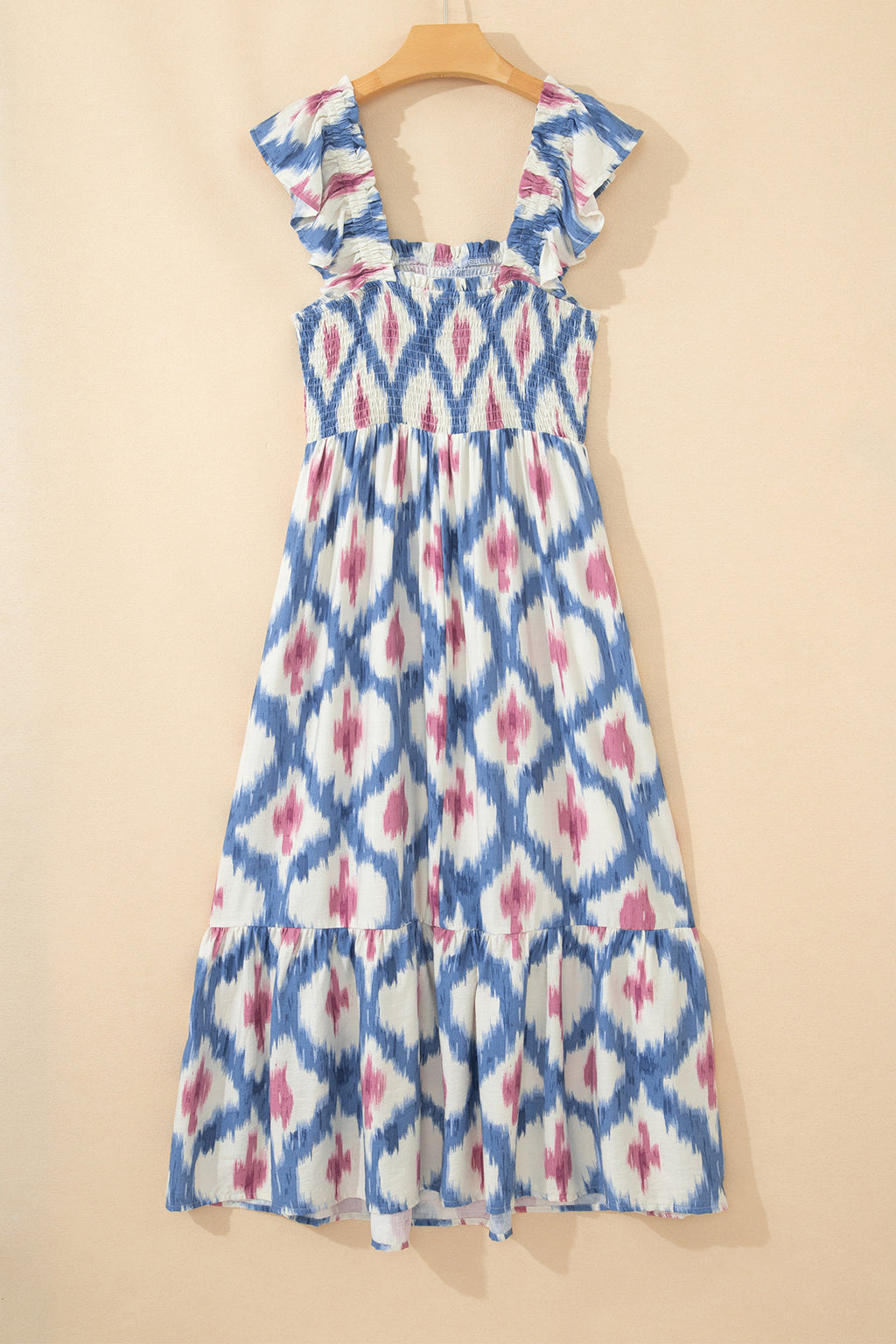 LivelyLooks Blue Ethnic Geometric Maxi Dress | Square Neck Smocked Waist Ruffle Sleeve women's fashion