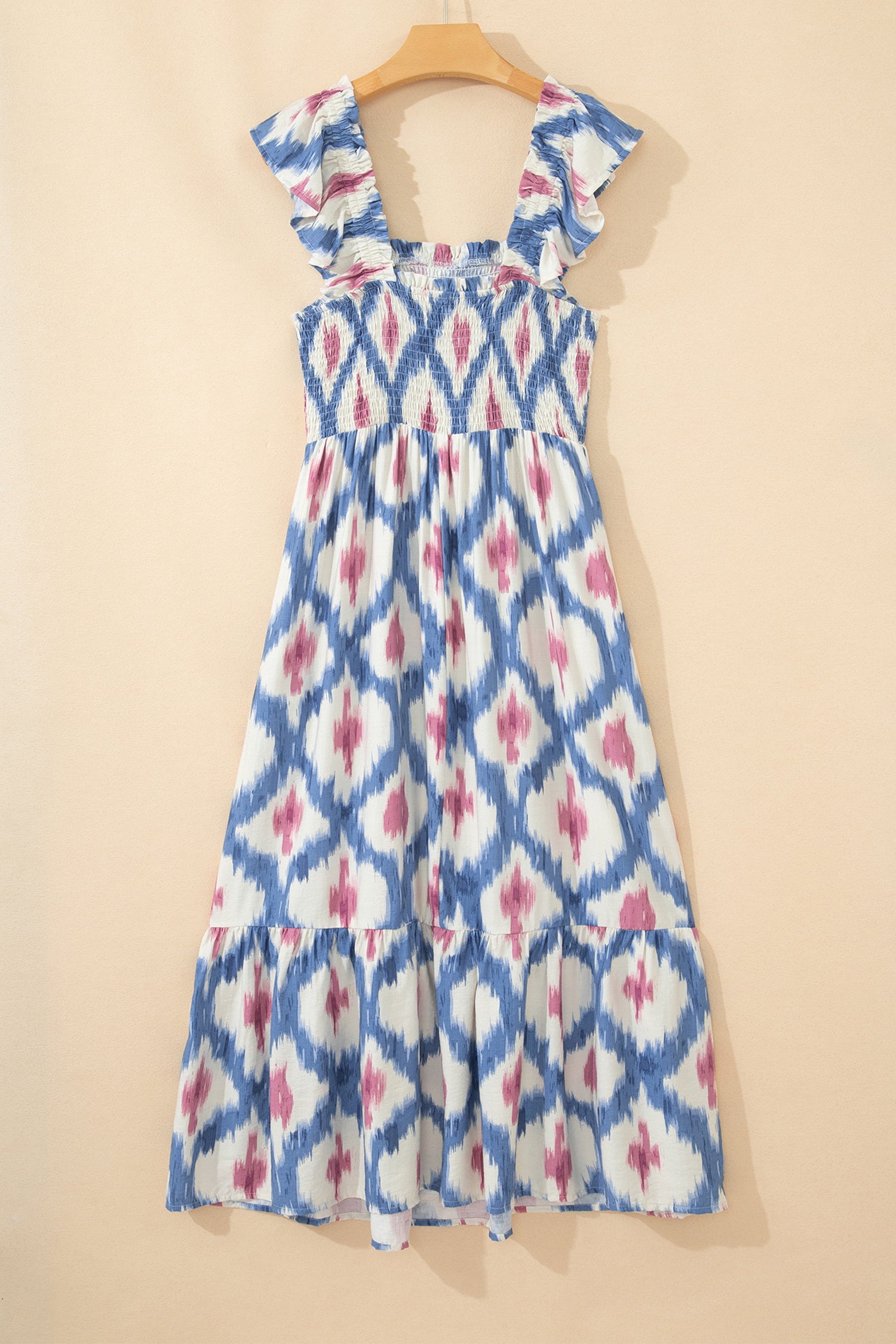 LivelyLooks Blue Ethnic Geometric Maxi Dress | Square Neck Smocked Waist Ruffle Sleeve women's fashion