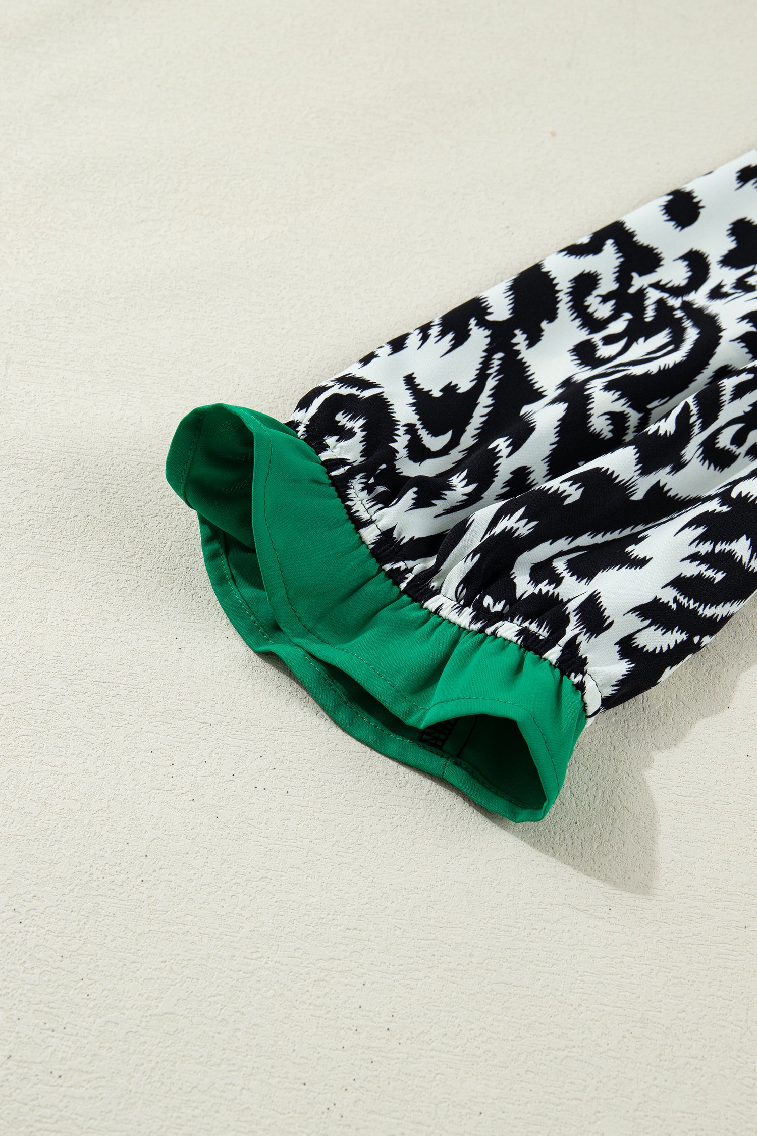 LivelyLooks Green Damask Print Ruffled Color Block Detail Half Sleeve Blouse women's fashion