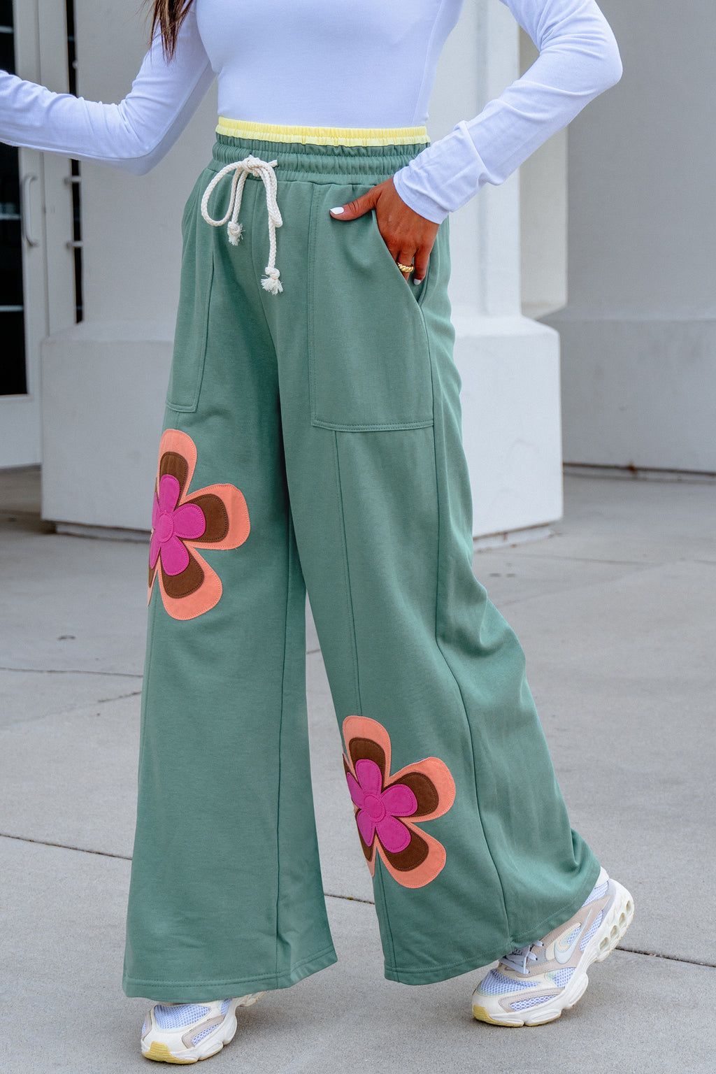 Green Floral Patchwork Wide Leg Pants | Boho Drawstring Waist