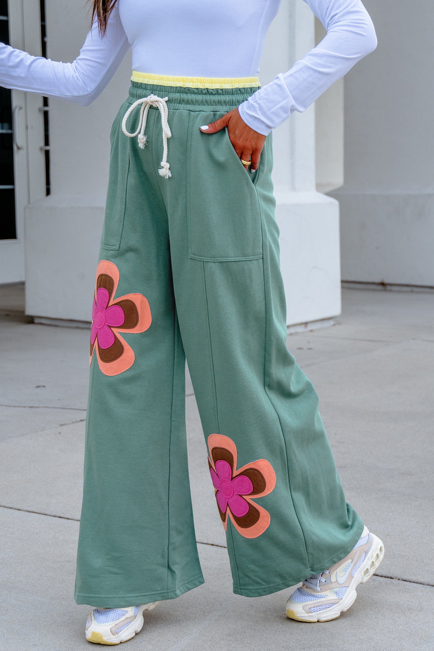 Green Floral Patchwork Wide Leg Pants | Boho Drawstring Waist