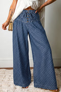 Shop Sky Blue Polka Dot Wide Leg Jeans High Waist Drawstring Button Detail at LivelyLooks