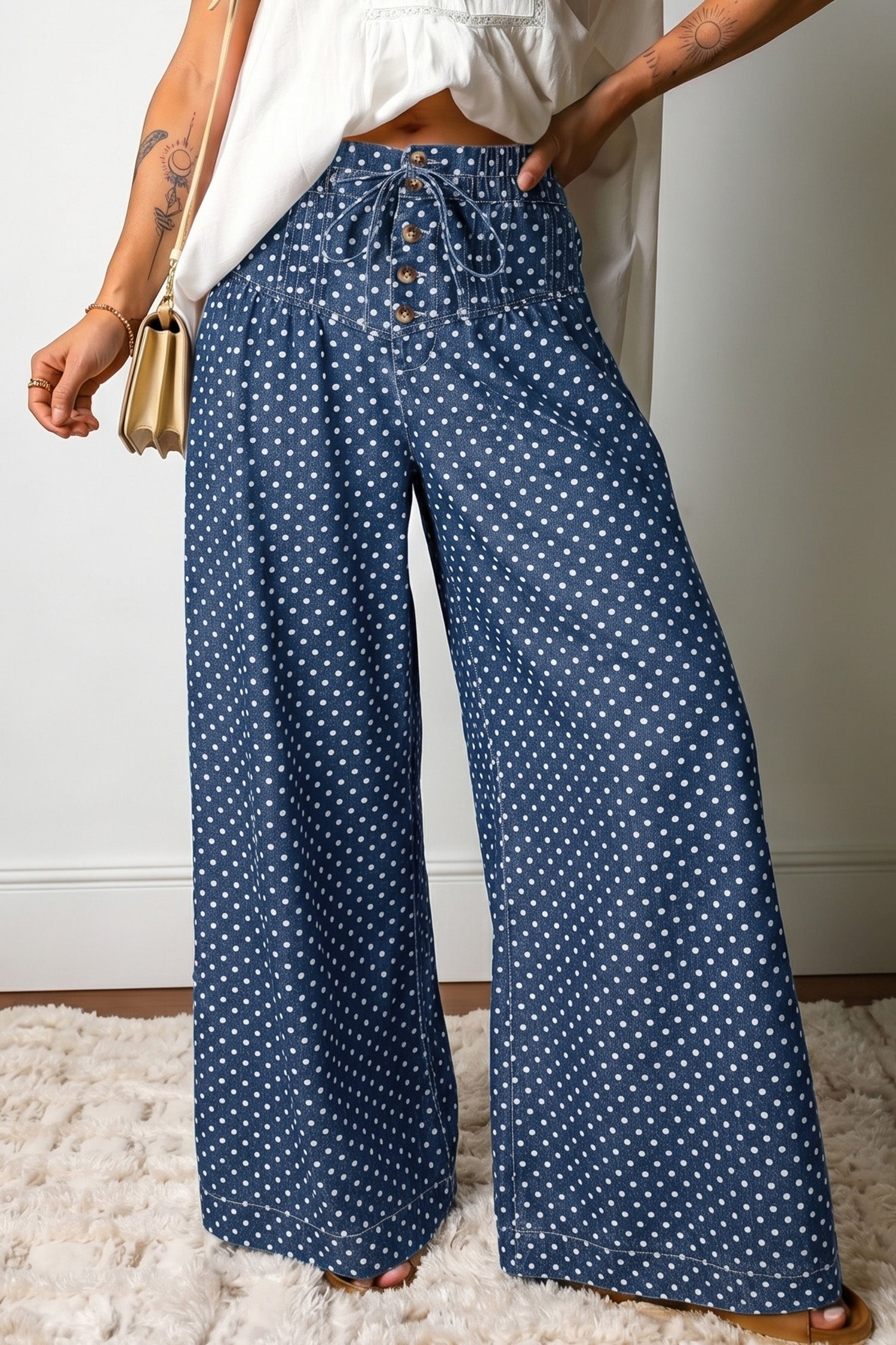 Shop Sky Blue Polka Dot Wide Leg Jeans High Waist Drawstring Button Detail at LivelyLooks