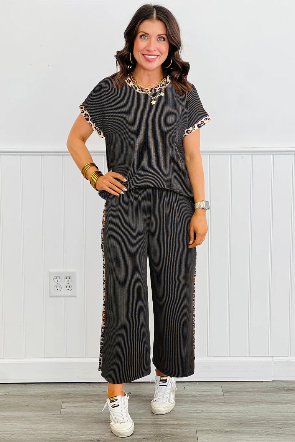 Carbon Grey Leopard Patchwork Twisted Rib T-Shirt & Cropped Pants Set | UK 8–22