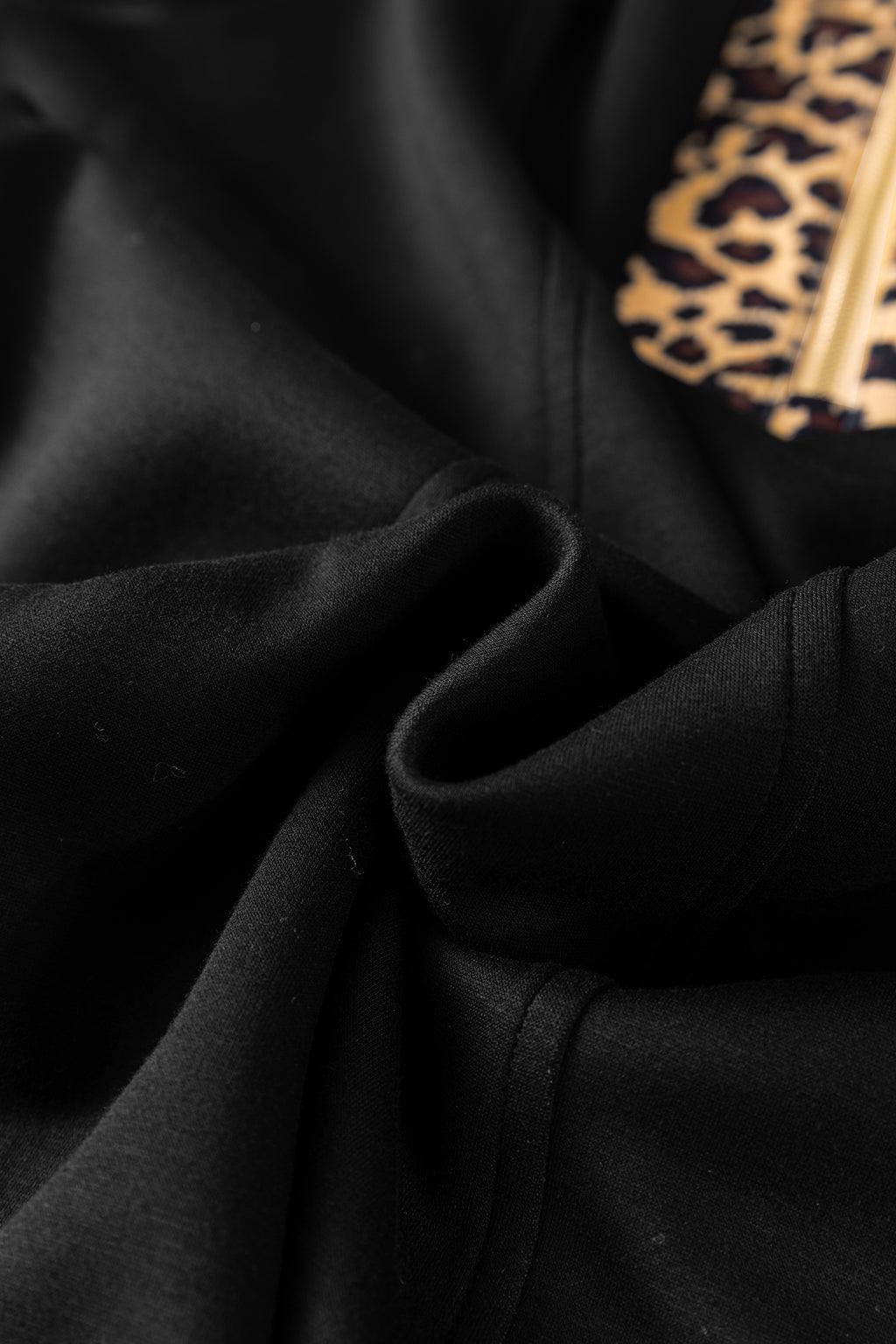 Women's Black Leopard Patchwork Zip Collared Short Puff Sleeve Shift Mini Dress at LivelyLooks