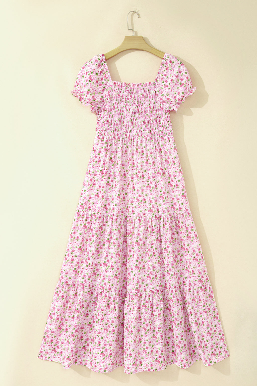 Floral Maxi Dress Bubble Sleeve Shirred High Waist | Pink & Green