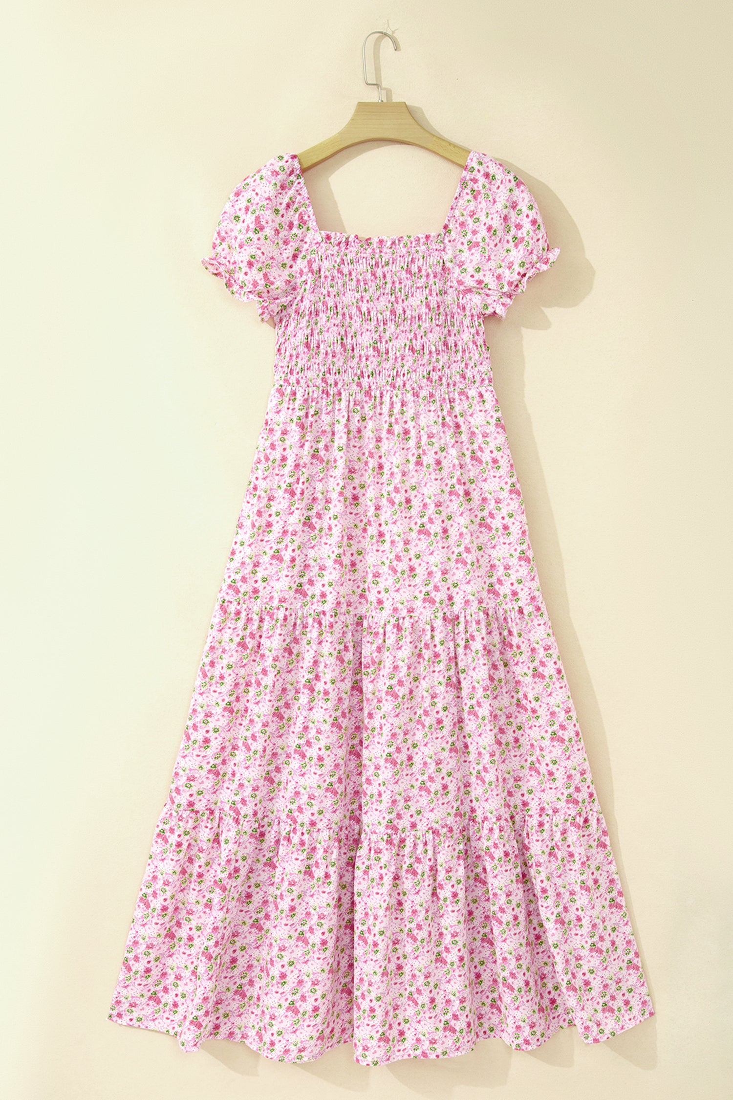 Floral Maxi Dress Bubble Sleeve Shirred High Waist | Pink & Green