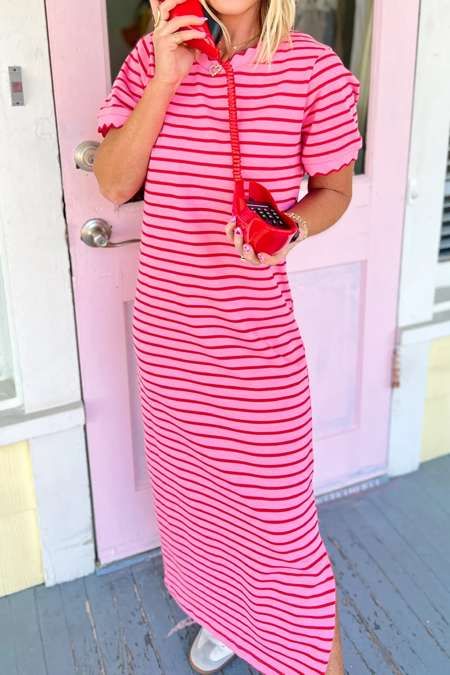 Rose Stripe Scalloped Trim Side Slit Short Sleeve T-Shirt Dress S-XL