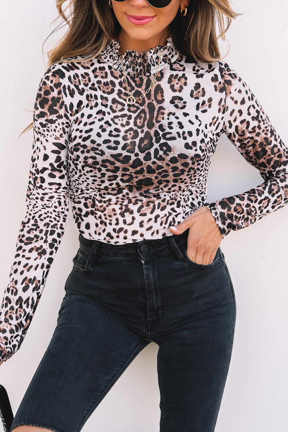 Brown Leopard Print Bodysuit Smocked Neck Mesh Long Sleeve Women S-XL