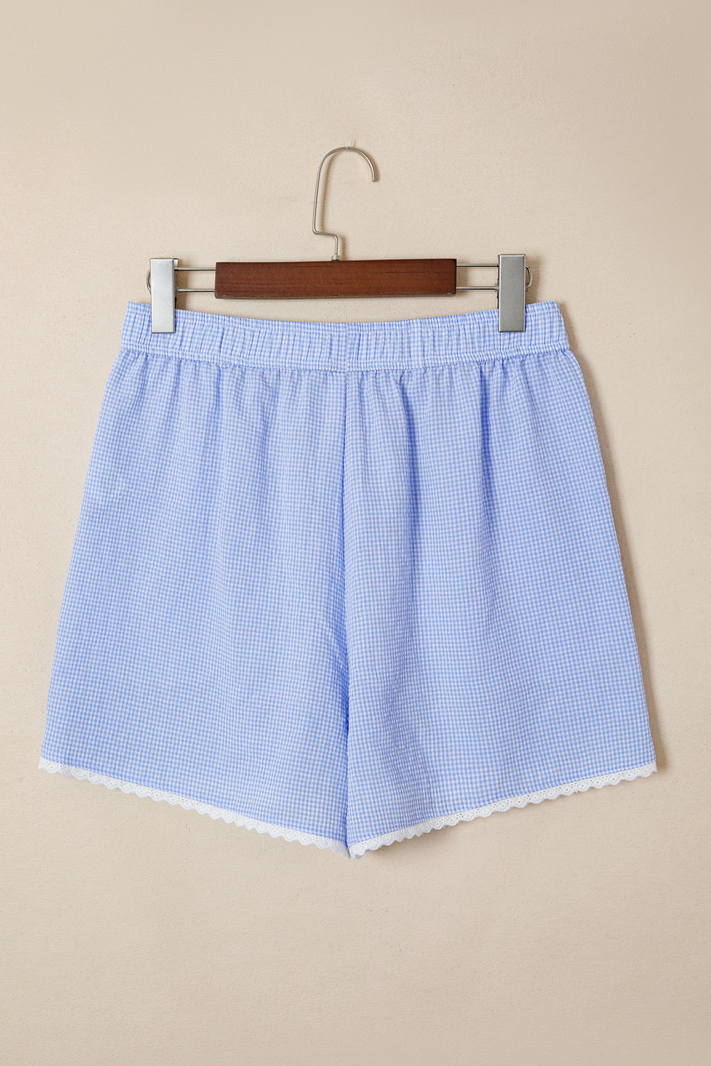 Women's Green Gingham Plaid Button Detail Lace Trim Boxer Shorts at LivelyLooks