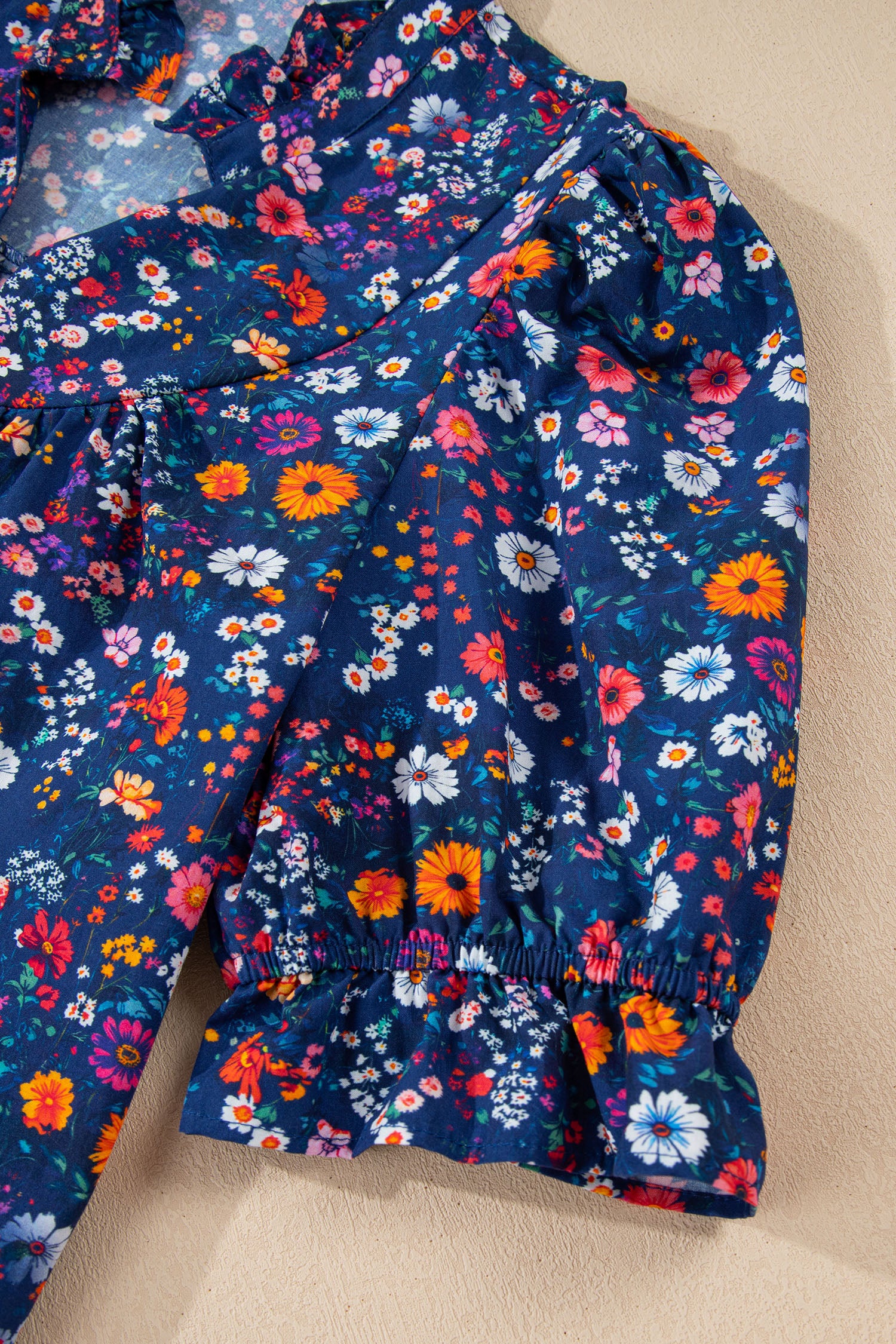 Blue Wild Daisy Floral Split Neck Puff Sleeve Mini Dress S-XL
