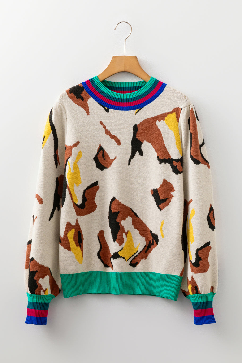 Women's Apricot Contrast Ribbed Stripes Detail Animal Pattern Knit Sweater at LivelyLooks