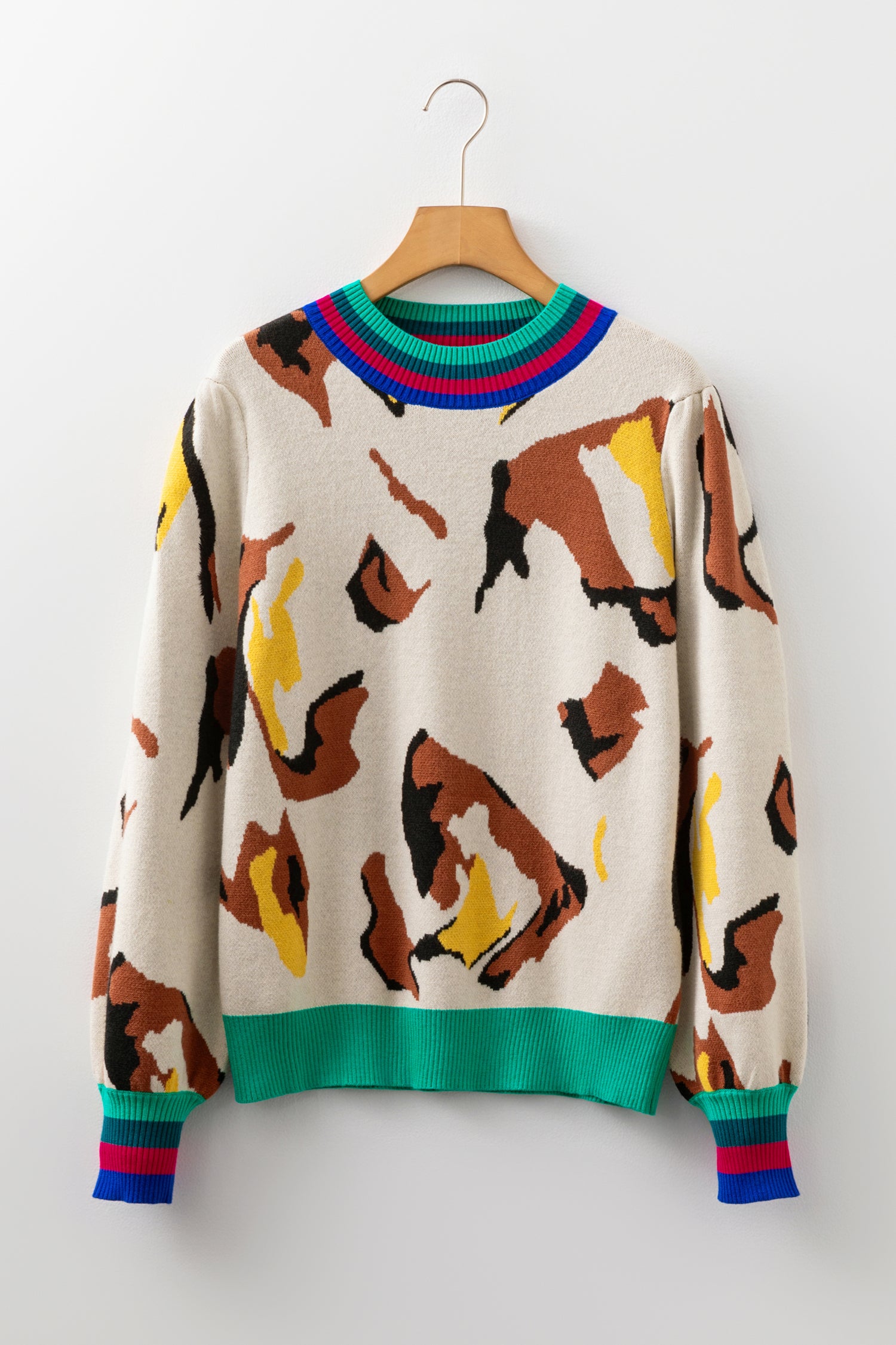 Women's Apricot Contrast Ribbed Stripes Detail Animal Pattern Knit Sweater at LivelyLooks