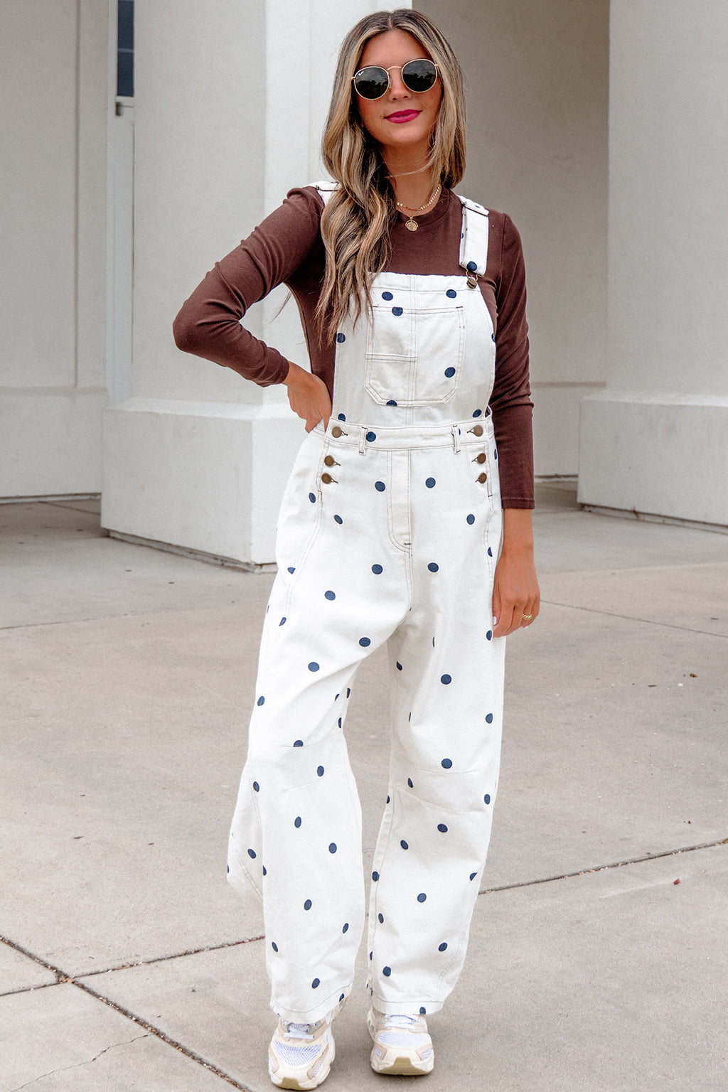 Polka Dot Denim Barrel Overalls Jumpsuit | Cream Beige Pink UK 8–22