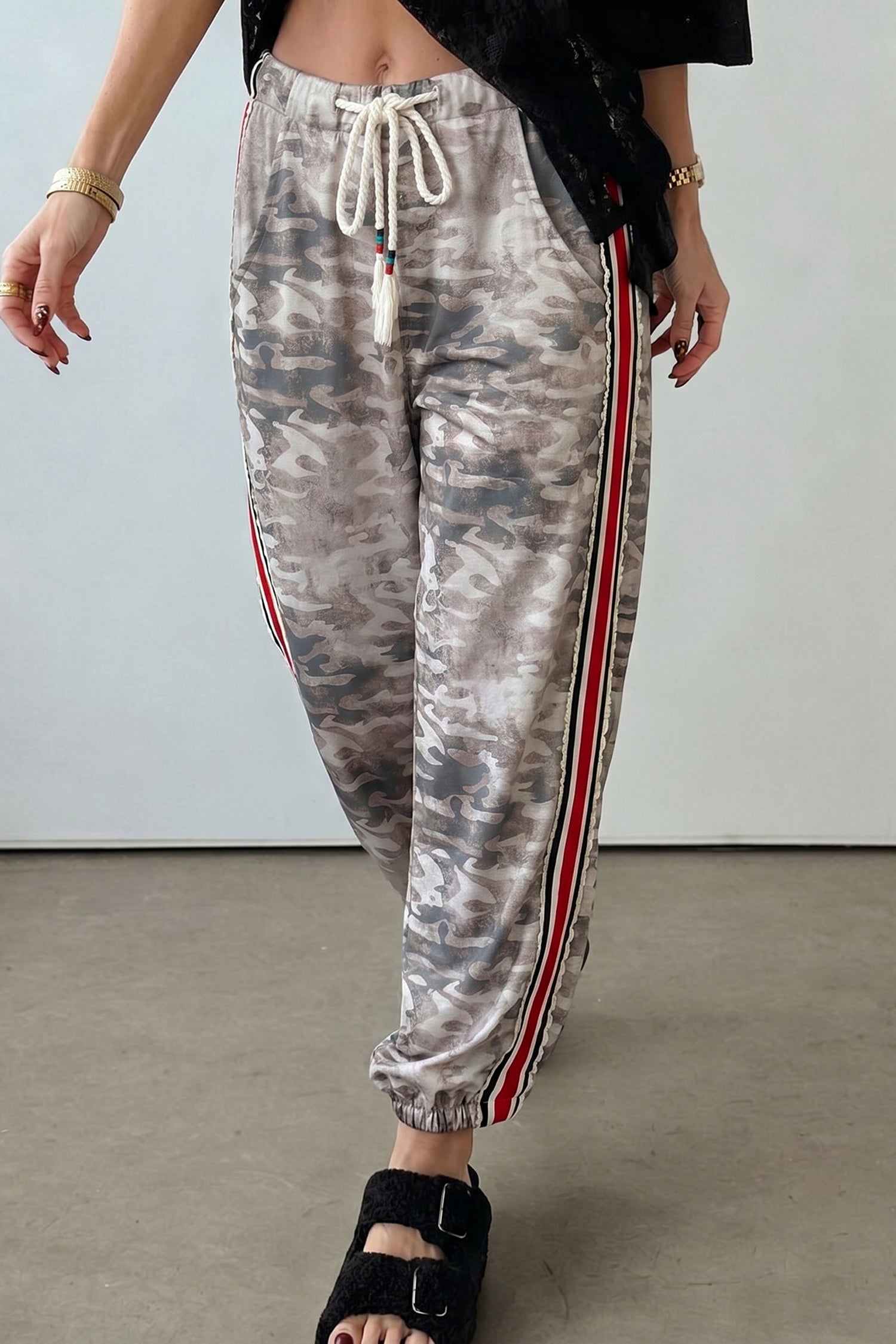 Camouflage Print Drawstring Pants Striped Side Panel Green Khaki Women S-XL